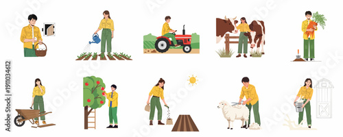Farm life activities illustration set: Farmers planting seeds, harvesting vegetables, collecting eggs, milking cows, shearing sheep, and driving tractors.