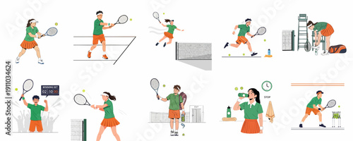 Collection of flat vector illustrations depicting various tennis moments, including match play, practice, celebration, resting, and athlete preparation.