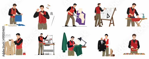 Professional tailor working process set: design, measuring, cutting fabric, hand-stitching, sewing, ironing, and final garment fitting illustrations.