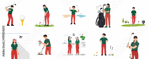 Collection of flat design illustrations showing male and female golfers performing different actions, including teeing off, putting, carrying equipment, celebrating, and competing on the course.