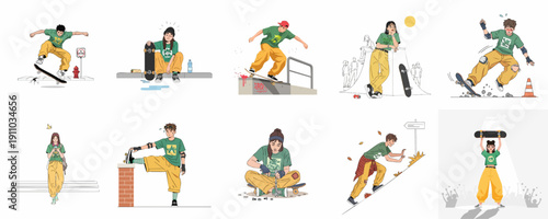 Dynamic collection of illustrations showing diverse young skaters performing tricks, resting, falling, and maintaining their boards, capturing the vibrant urban skateboarding lifestyle.