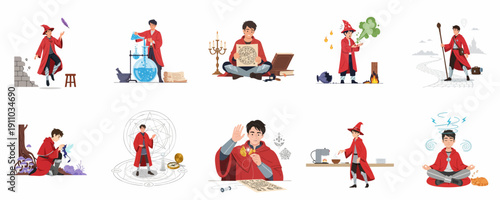 Young Wizard Character Activities Set: Illustrating Spellcasting, Alchemy, Studying Magic, Adventuring, Meditation, and Fantasy Life Scenes.