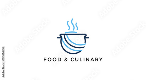 Minimalist Pot Illustration Featuring Steam and Food-Related Design Element in Blue Tones