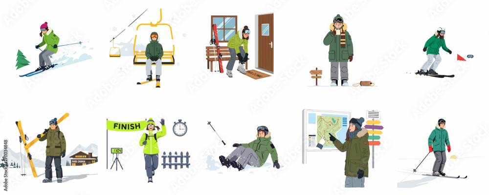Fototapeta premium Illustrations set of skiing adventures: Skier on slope, ski lift ride, preparing gear, checking resort map, finishing race, and enjoying winter vacation activities.