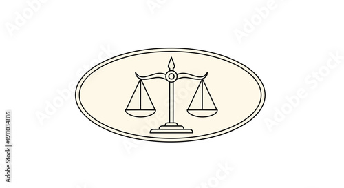 Minimalist Scales Of Justice Illustration Within A Cream-Colored Oval Frame Design