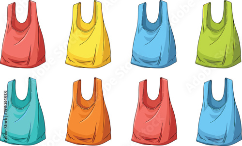 Colorful reusable shopping bag vector illustration set featuring eco friendly tote bags in multiple colors for retail grocery packaging design use