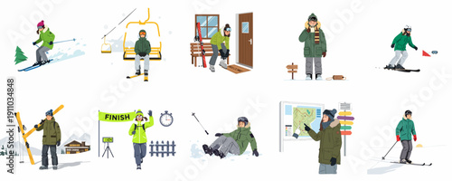 Illustrations set of skiing adventures: Skier on slope, ski lift ride, preparing gear, checking resort map, finishing race, and enjoying winter vacation activities.