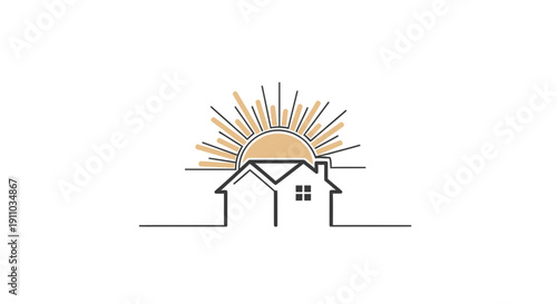 Minimalist Real Estate Logo Design Featuring a House and Sunburst Composition