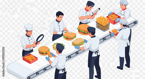 Chefs working on a food production line with burgers and fries.