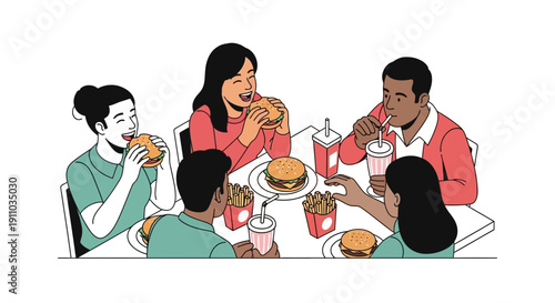 People eating burgers and fries together at a table.