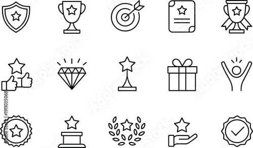 Linear vector icon set for awards and rewards featuring gold trophies achievement stars target goals quality certificates winners and professional business recognition symbols
