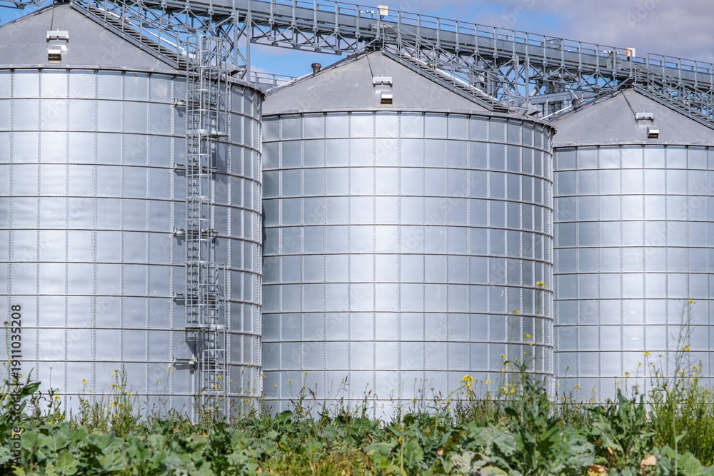 Fototapeta premium Industrial grain elevator and agro-processing plant with metal silos and conveyor system. Agricultural facility for drying, cleaning, and storage of crops against a blue cloudy sky.