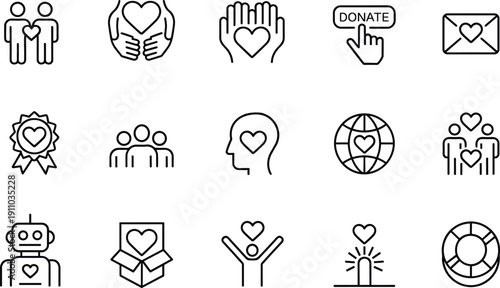Linear vector icon set for charity and non profit organizations featuring heart donation symbols volunteer teamwork global care medical aid and community support graphics