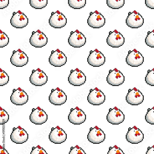 Pixel art chicken seamless pattern in a clean repeating layout. Perfect for fabric, kids apparel, nursery decor, wrapping paper, stickers, and print-on-demand products.