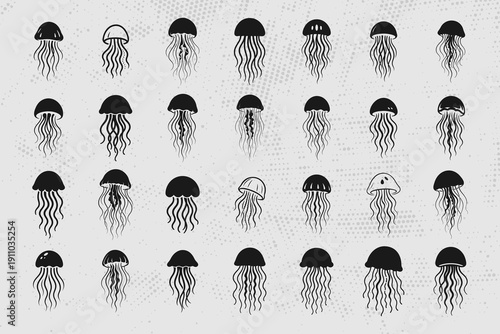 Black and white jellyfish illustrations on gray background