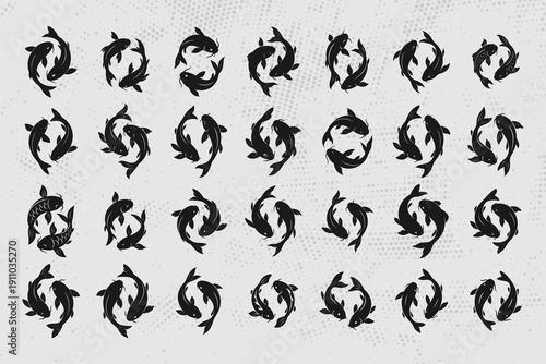 Black koi fish swimming in various directions on dotted background
