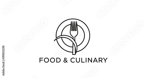 Minimalist Restaurant Logo Featuring Fork, Plate, and Elegant Curved Elements, Monochromatic Design