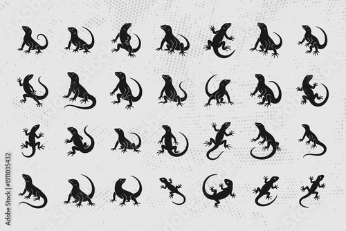 Collection of various lizard silhouettes on dotted background