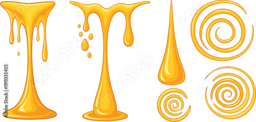 Golden honey dripping alphabet T vector illustration with glossy syrup splashes and swirl elements, sweet liquid typography design isolated background