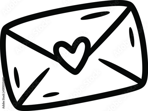 Sealed black and white envelope featuring a prominent heart shape on the closure flap suggests a romantic message.