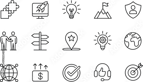 Linear vector icon set for business strategy and success featuring puzzle pieces rocket launches light bulbs mountain goals global networks and achievement target symbols