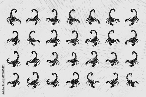 Set of scorpion silhouettes on dotted background