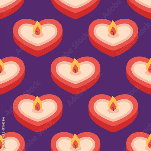 Seamless pattern with heart shaped candles and flame on purple background. Romantic decorative design for wrapping, textile, packaging, wallpaper, cards, festive celebration. Flat vector. Hand drawn.