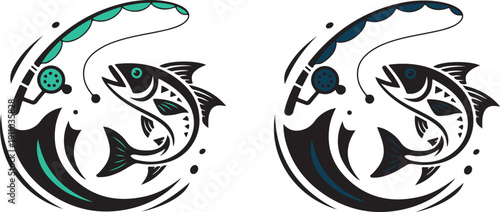 Two similar circular logos featuring a fish and fishing rod with water splashes