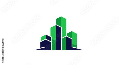 Modern Abstract Cityscape Logo Design in Vibrant Green and Blue Hues on White Background
