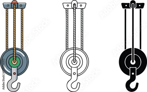 Pulley system silhouette & Outline and illustration set isolated on transparent background