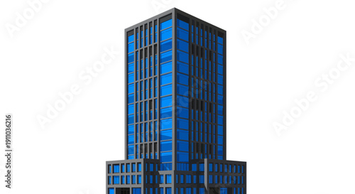 Modern Architectural Building with Blue Glass Windows Isolated on White Background