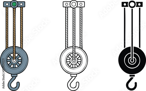 Pulley system silhouette & Outline and illustration set isolated on transparent background