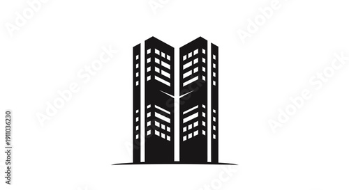 Modern Architecture Logo Depicting Twin Towers With Reflection And Negative Space