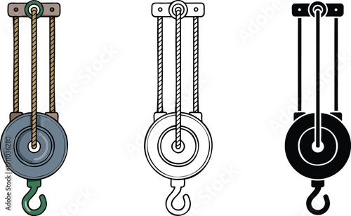 Pulley system silhouette & Outline and illustration set isolated on transparent background