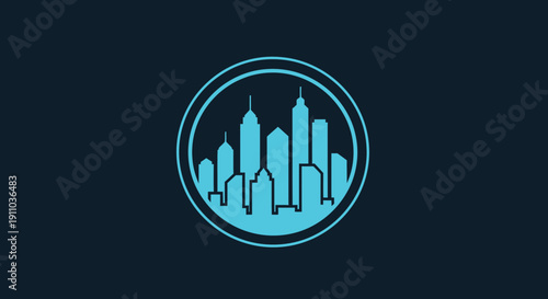 Modern City Skyline Logo Inside Circle on Dark Background Representing Urban Development