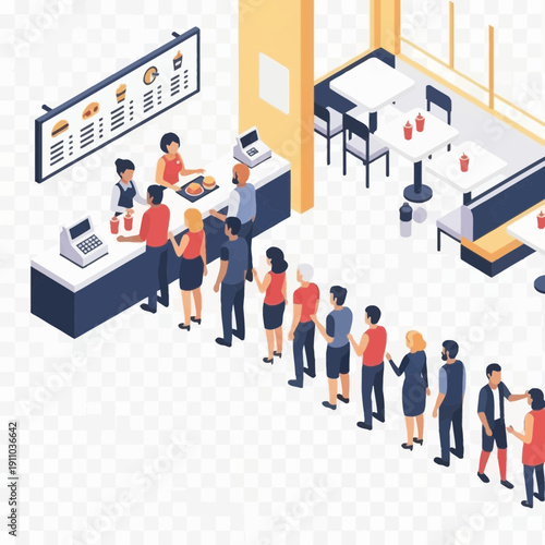 People queuing at a counter in a food establishment.