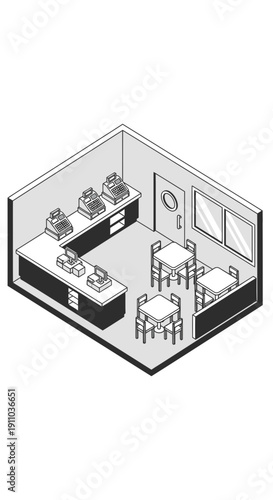 Isometric view of a small office break room with tables and kitchen area.