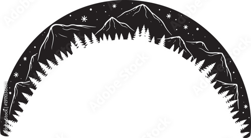 Black and white arched winter landscape with mountains and trees forest