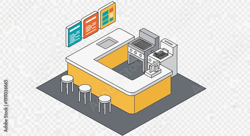 Isometric view of a food counter with stools and menu boards.
