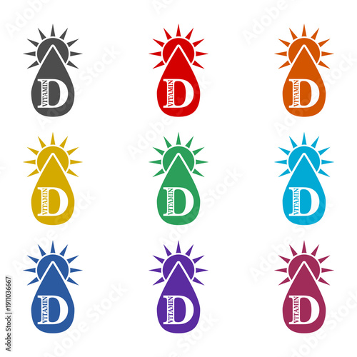 Vitamin D sun shining icon isolated on white background. Set icons colorful