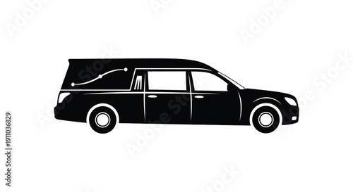 A stark black silhouette depicts a hearse a vehicle specifically designed for funeral processions and transporting caskets