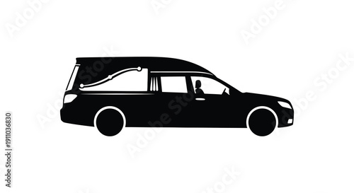 A silhouetted illustration depicts a hearse a vehicle specifically designed for transporting the deceased in profile high quality