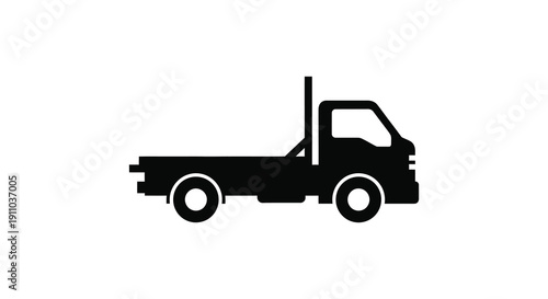A minimalist black silhouette depicts a flatbed truck showcasing its side profile against a stark white background
