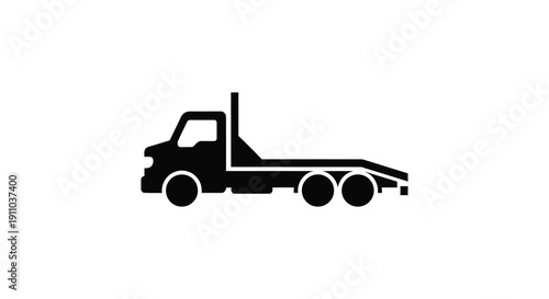 A minimalist black silhouette depicts a flatbed tow truck viewed from the side symbolizing roadside assistance high quality