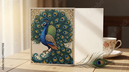 Wallpaper Mural Peacock card with tea cup still life. Torontodigital.ca