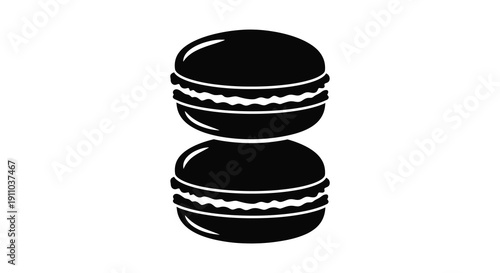 A simple black and white illustration depicts three stacked macarons showcasing their rounded shapes and textured fillings
