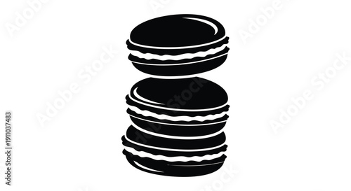 A stack of three black and white macarons is presented showing a simple iconic dessert illustration high quality