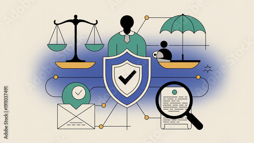 Legal Protection and Security Concept: An illustrated depiction of justice and security, using symbols of the legal system and insurance to represent safeguarding and protection.