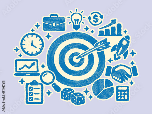 Hand-Drawn Business Goal & Strategy Illustration. Vector Icons for Growth Planning