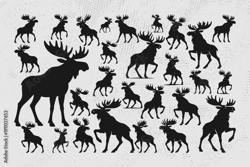 Collection of moose silhouettes in various dynamic poses